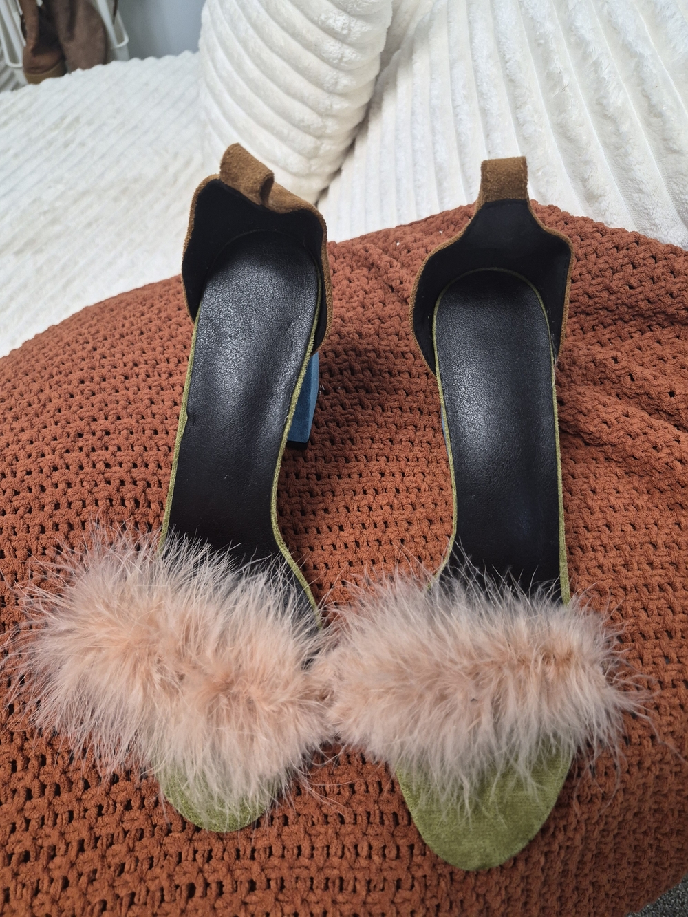 Pink Feather Slip On Mule Sandals Olive Green Block Heel Mules Shoes